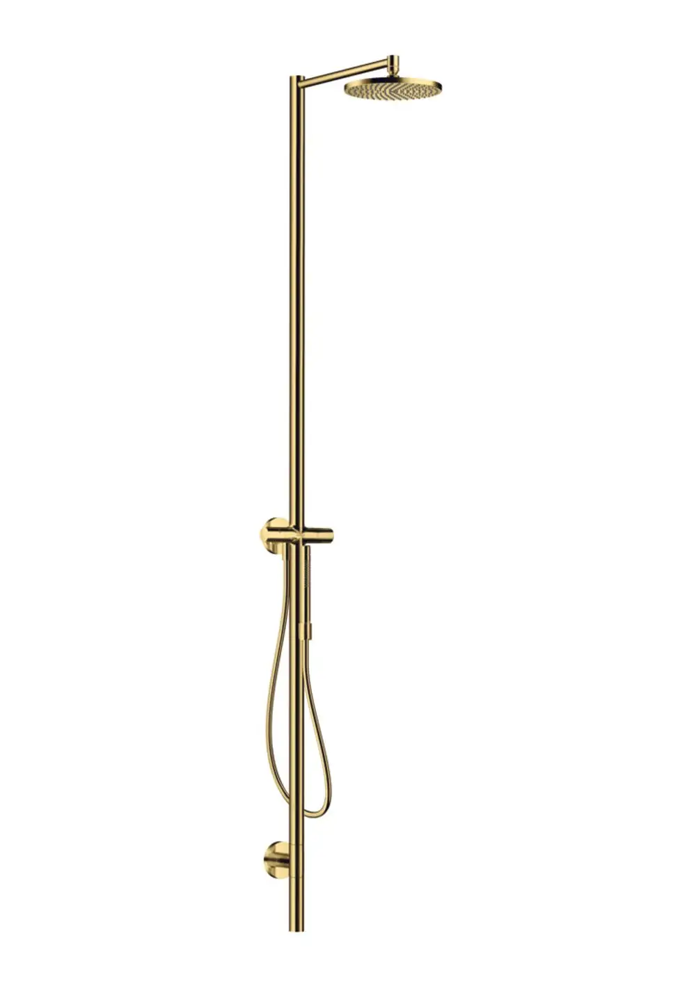Duschsäule aus poliertem Gold mit Kopfbrause und Handbrause. Designed von AXOR, geeignet für moderne Badezimmergestaltung.